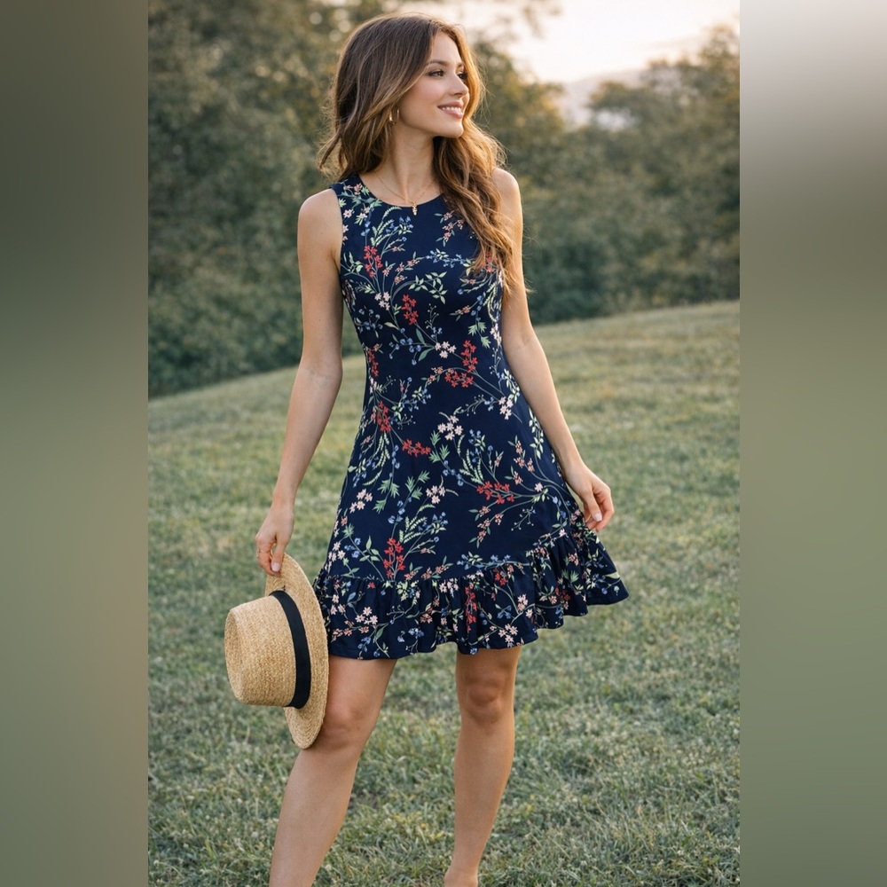 Tommy Hilfiger Boho Floral Dress Sz-2 Navy Ruffled Fairy Cottage Whimsigoth Midi